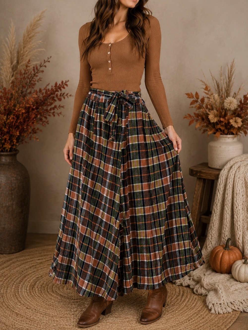 VTG Plaid Maxi Skirt Small Pull On Cottagecore Western Boho Fall Tie Belt